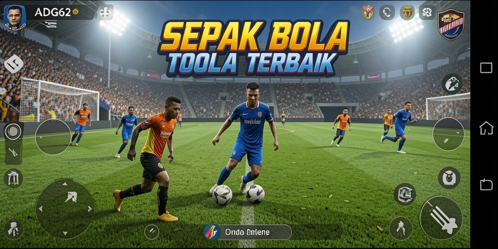 Screenshot utama ADG62 dengan aksi seru di lapangan sepak bola.
