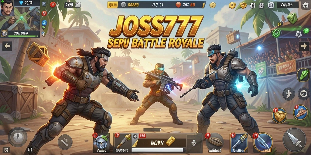 Tampilan layar JOSS777 menunjukkan aksi pertempuran Battle Royale yang mendebarkan.