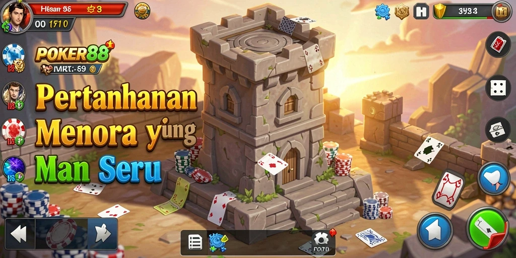 Screenshot gameplay POKER88 menampilkan aksi pertahanan menara yang mendebarkan.