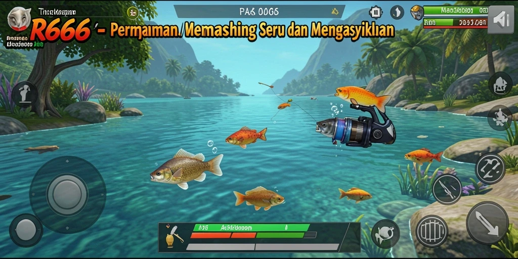 Screenshot gameplay RR666 menampilkan suasana memancing yang menenangkan.