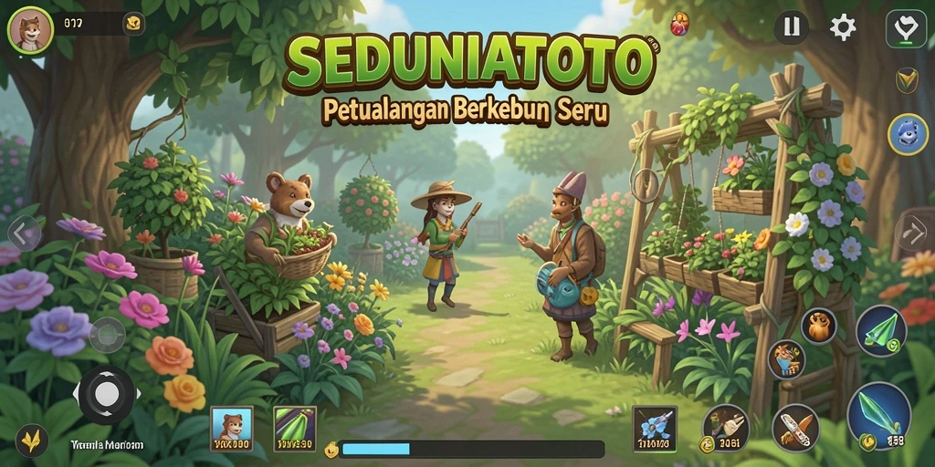 Screenshot gameplay <strong>SEDUNIATOTO</strong> menampilkan kebun yang subur dan tanaman yang beragam.