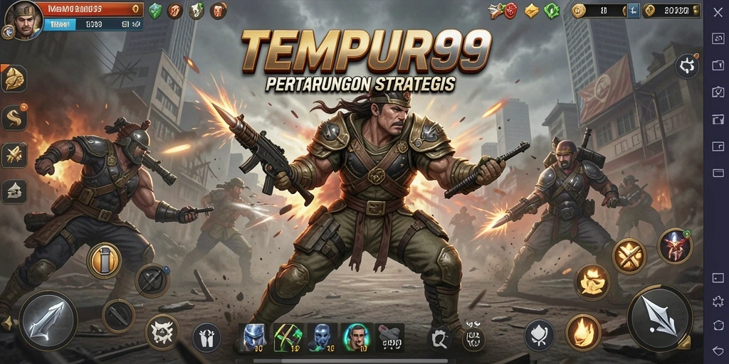Screenshot gameplay TEMPUR99 dengan pertarungan strategis yang mendebarkan.