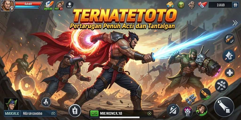 Tangkapan layar utama gameplay TERNATETOTO menunjukkan pertarungan seru dan karakter yang beragam.